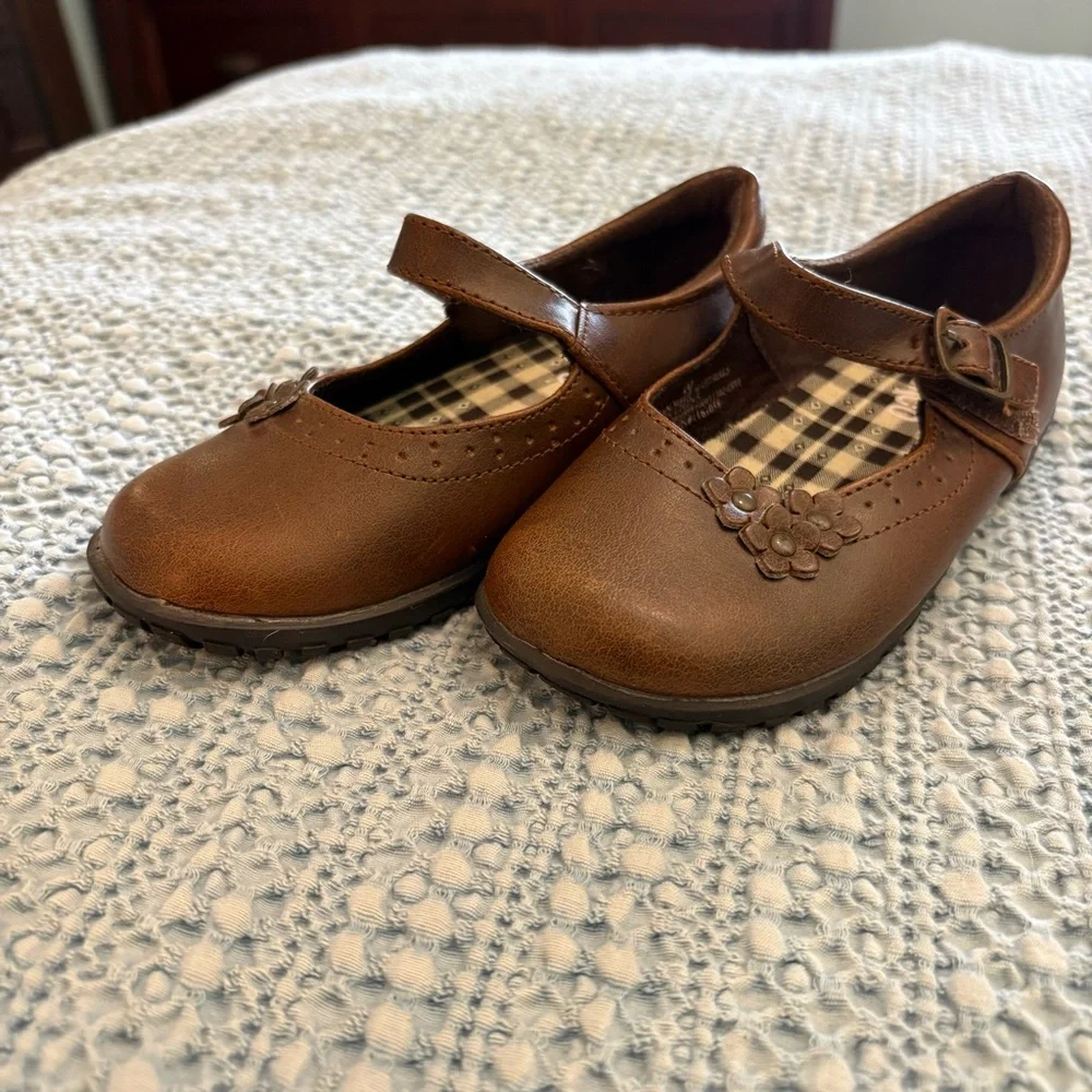 Circo Brown Tan Toddler Dress May Jane Floral Velcro Shoes sz 10T